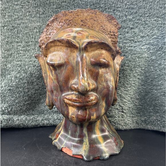 Clay Sculpture of Buddha Head Glazed Vintage Gorgeous - Picture 1 of 10